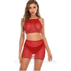 Комплект топ з відкритою спинкою та юпка з сіточки в стрази 